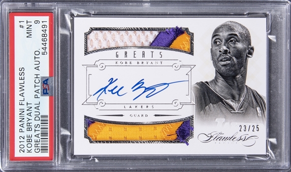 2012-13 Panini Flawless "Greats" Dual Patch Autographs #1 Kobe Bryant Signed Patch Card (#23/25) - PSA MINT 9